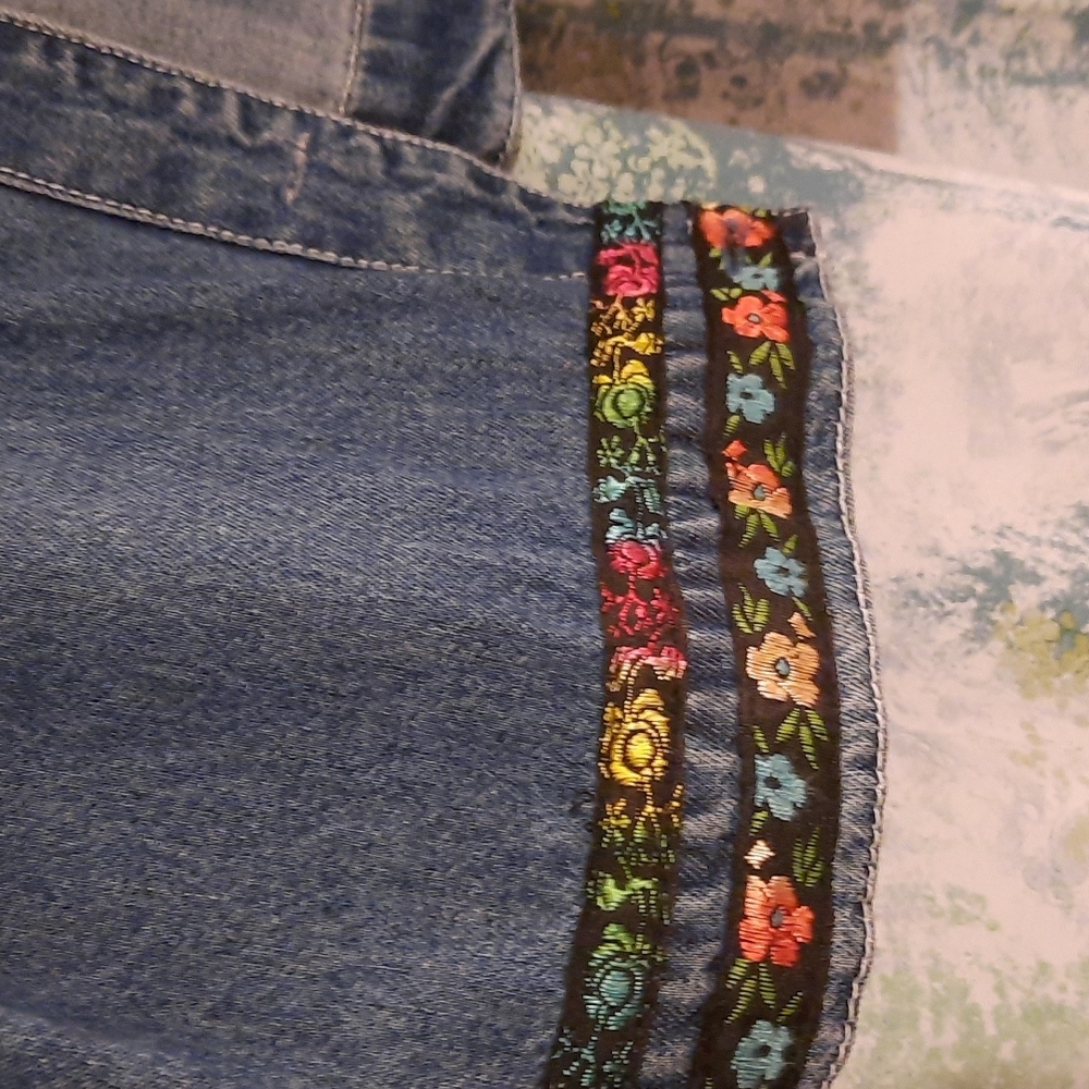 Agape denim button up boho shirt jacket short sleeve multi colored trim sz xl - Picture 2 of 7